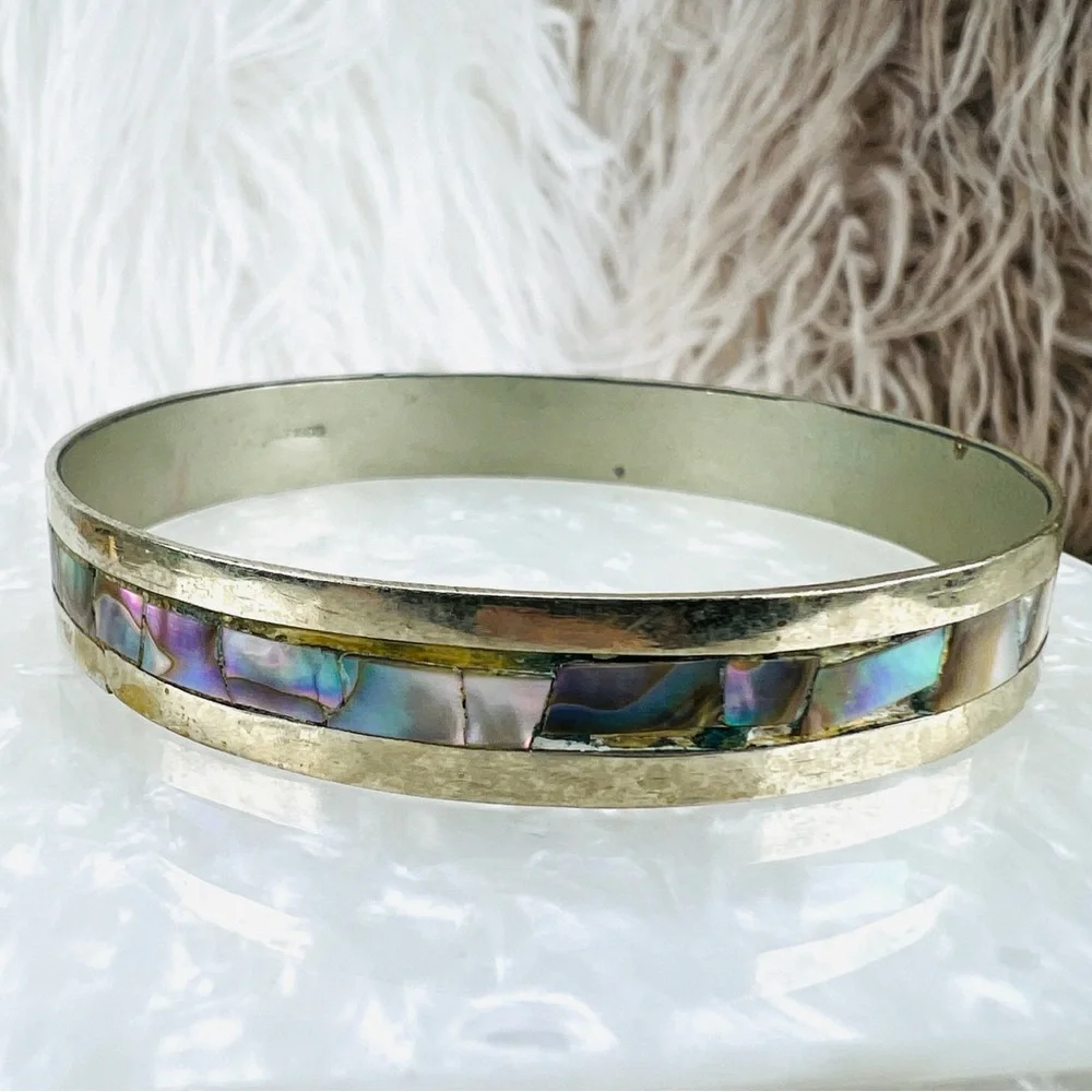 Vintage Boho Chic Oxidized Silvertone Abalone Mexico Stacking Bangle Bracelet